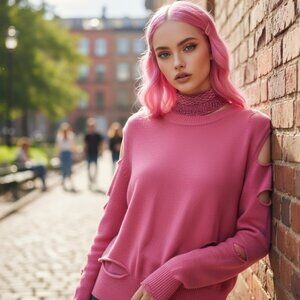 THE OPEN PRODUCT OPEN YY Pink Wool Sweater S Asymmetric Cut-Out Distressed KOREA